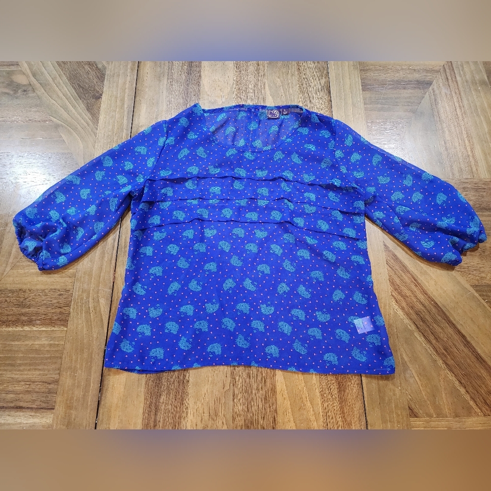 Hello Kitty Sheer Blouse Blue Sz Large Juniors / Small Women Cat 3/4 Sleeve Top